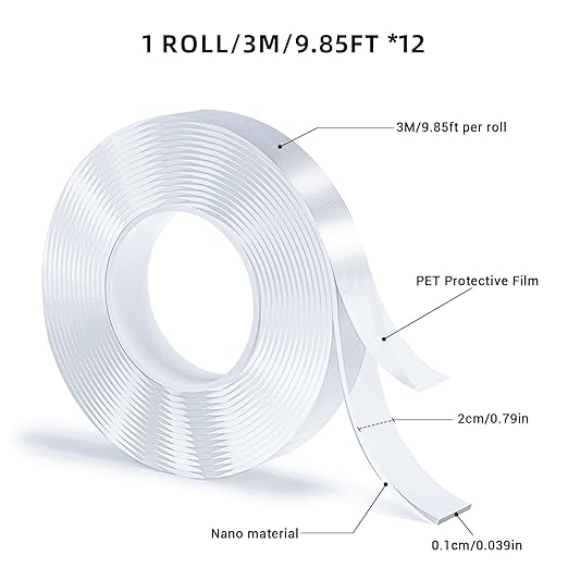 12 Rolls Double Sided Tape, Nano Tape, Transparent Adhesive Tape, Traceless Adhesive Tape, Removable, Washable, Reusable, Suitable for Carpets, Photo Walls, 9.85 Feet Per Roll