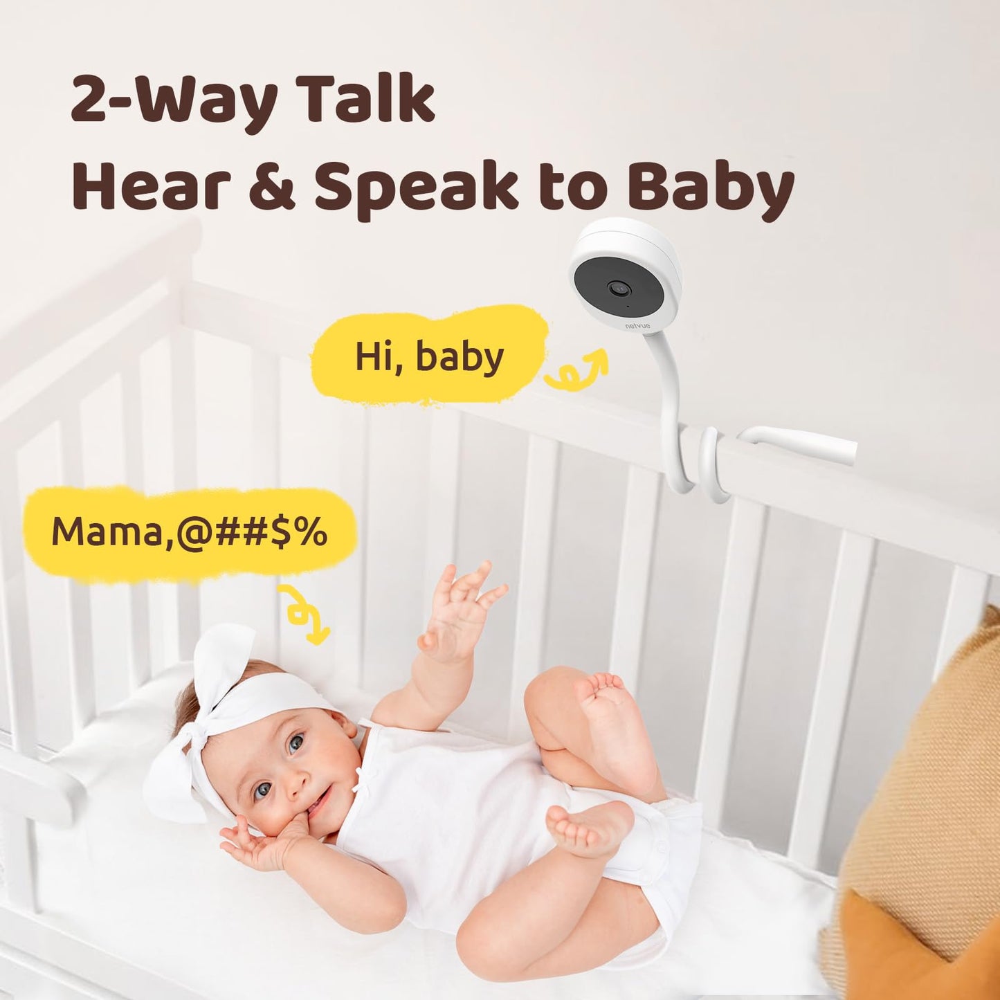 NETVUE Peekababy Baby Camera with Wireless Audio, Adjustable Crib Mount Monitor, Works via 2.4GHz Wi-Fi for Wide Coverage & Stable Connection, Smart App, Two-Way Talk (White)