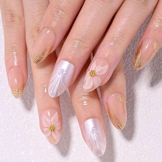 XZMeiLun 3D Pink Flowers Press on Nails Short Almond, Acrylic Fake Nails with 3D Gold Line White Pearls Floral Design, Reusable Glue-On Stick for Flower Fashion Nails for Women
