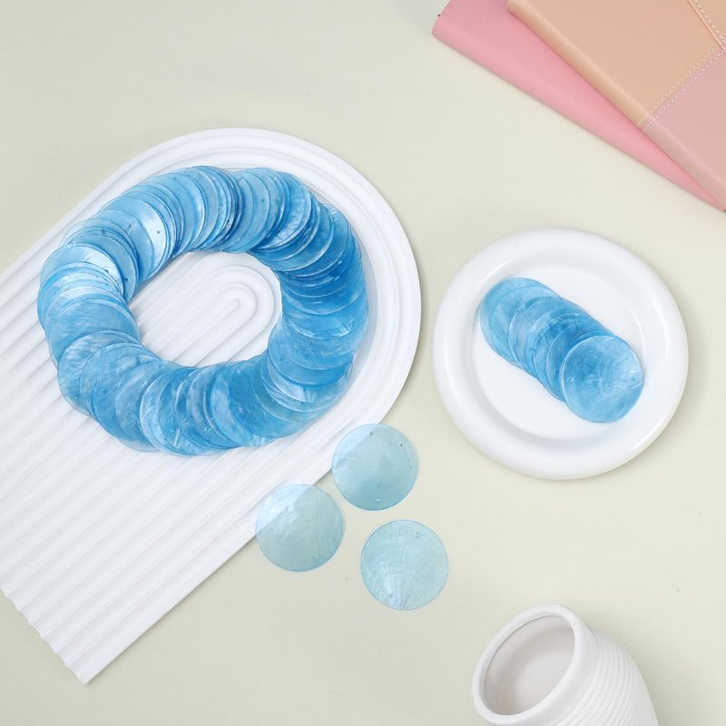 GLEAVI 100pcs Capiz Shells: 1.96in Light Blue Round Discs Chime Making - Flat 2-Hole Pendants for Chandeliers Coastal Decor Jewelry
