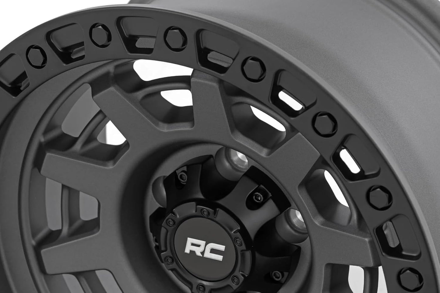 Rough Country 85 Series 15x8 Wheel - 5x4.5" Bolt Pattern, 19mm Offset, Gunmetal Gray with Black Simulated Beadlock, One-Piece Aluminum Off-Road Wheel