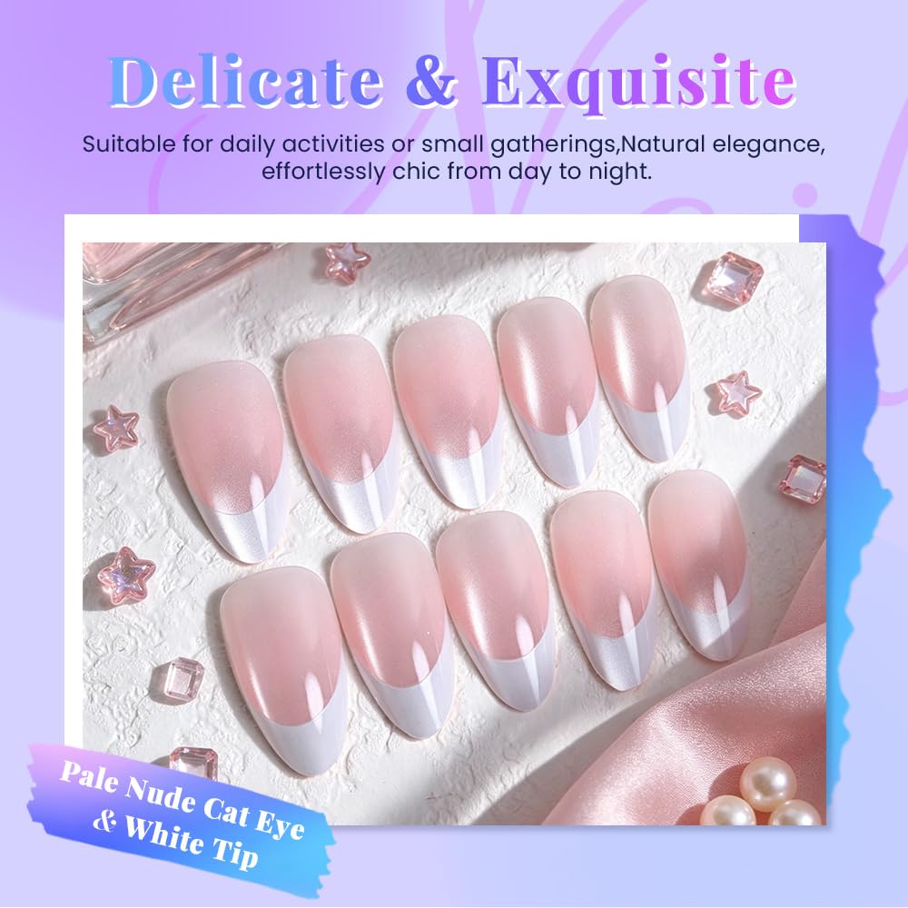 evpct Pale Nude Cat Eye French Tip Press on Nails Almond Medium No Glue, White French Tip Medium Almond Holographic Stick on Nails for Women Gift, Reusable Full Cover Soft Press on Nail Perfectly Fit