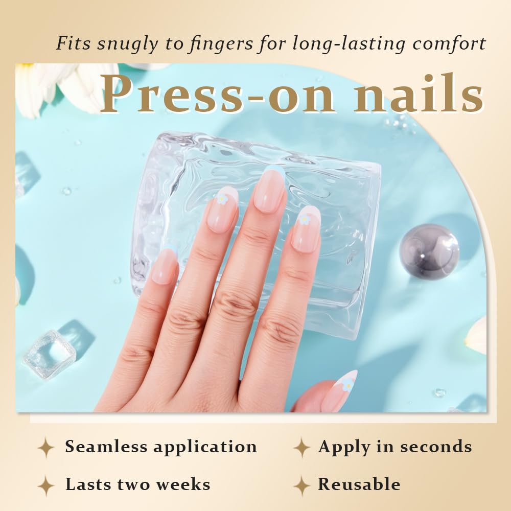evpct Flower French Tips Press on Nails Short Oval for Women Gift, Nature + Sky Blue & White Tips, Soft Gel Press Stick on Nail with Nail Kit, Supremely Fit Full Cover, Reusable Acrylic Fake Nails Kit