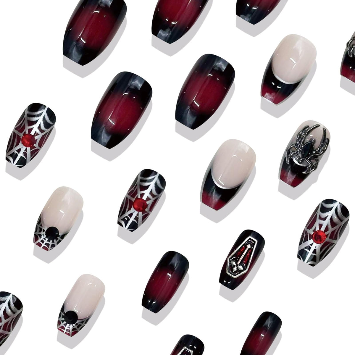 IMSOHOT Halloween Medium Coffin Press on Nails, Black Red Ombre with 3D Spider Glossy Acrylic Nails, 24PCS
