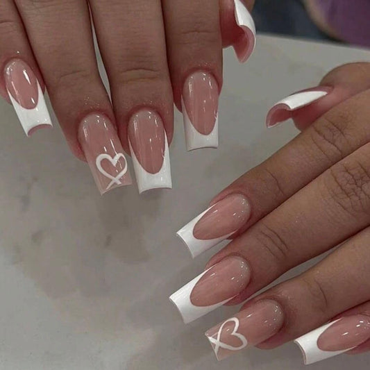 White French Tip Press on Nails Coffin Medium With Heart Design Glue on Glossy Full Cover Cute Acrylic for Women Manicure Kit 24Pcs