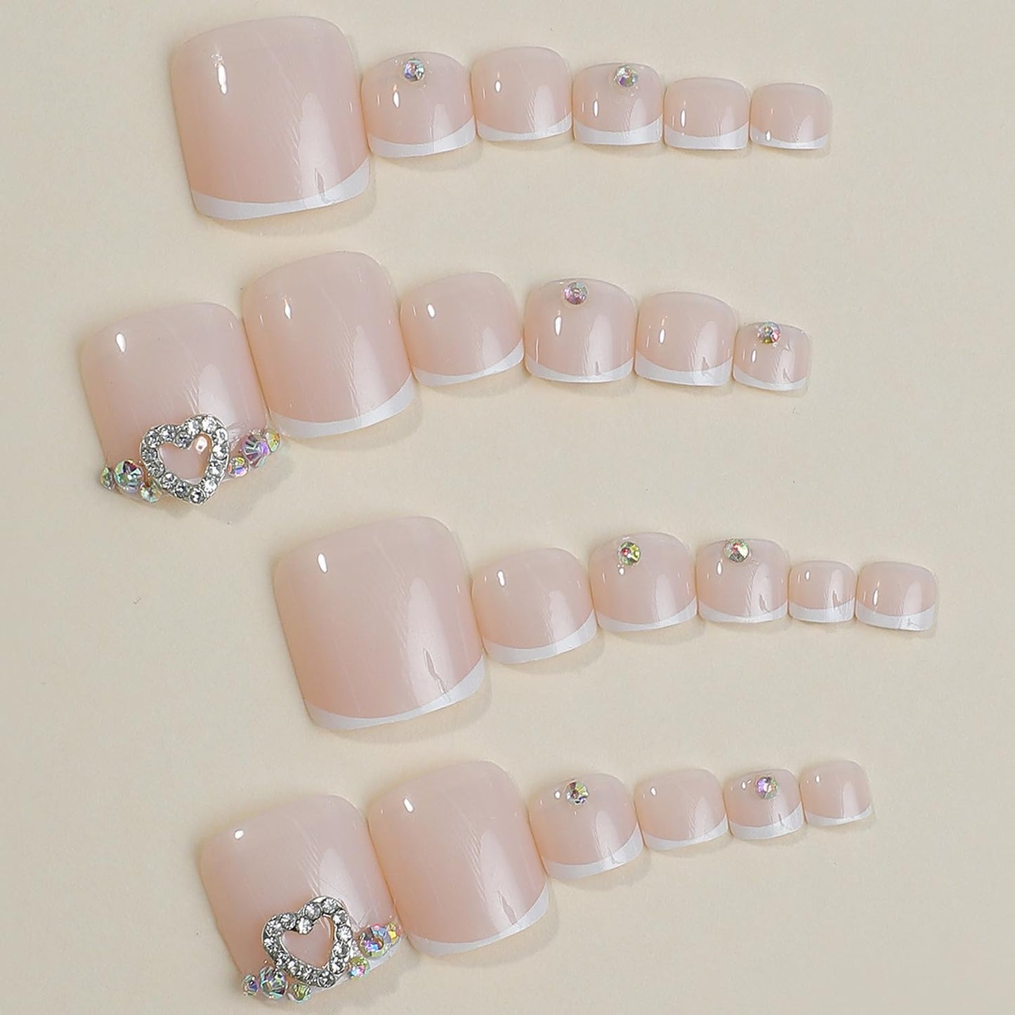 French Tip Press One Toe Nail for Women Fake Toenail with Rhinestones Designs Heart Glossy Fashion False Toenail Full Cover Acrylic Nail Art DIY Foot Nails Design Toenail Tips 24Pcs
