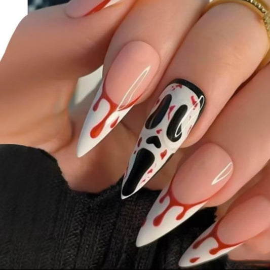 24Pcs Halloween Press on Nails Long Stiletto Fake Nails Horror Ghost Blood Design Stick on Nails White French Tip False Nails Handmade Full Cover Acrylic Glue on Nail for Women Nail Art Decoration