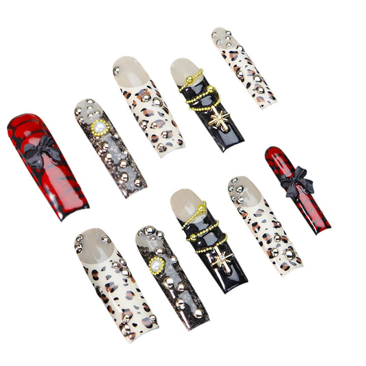 Handmade 3D Punk Retro Leopard Rivet Stiletto Press On Nails, Sweet Cool Rhinestone Artisan Nails Set, Reusable Glossy Press-ons with Tool Kit(S)