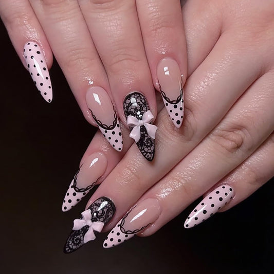 Pink Polka Dot Press On Nails Medium Almond Fake Nails Bow False Nails With Black Lace Designs Acrylic Nail Press Ons Full Cover Stick On Nail Glossy Glue On Nail For Women 24Pcs