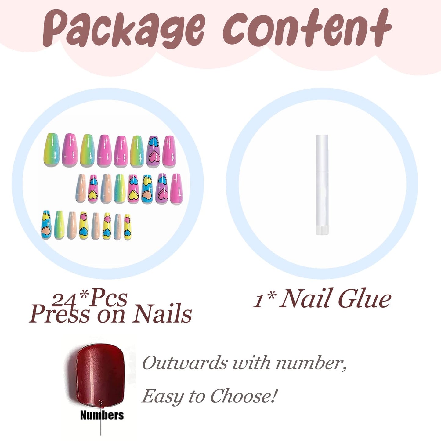 BABALAL Press on Nails Long - Coffin Fake Nails, Colorful Rainbow Heart Design, 24Pcs Coquette Ballerina Manicure False Acrylic Nails Supplies Diy Artificial Art Gel for Women