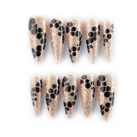 Rose Gold Glitter Press On Nails, Stiletto Shape, Black Animal Print Design, Long False Nails, 10 Piece Set (Gold, Medium)