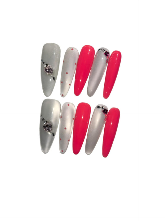 Glam Silver Coral Press On Nails, Heart Rhinestone Embellished Extra Long Stiletto Fake Nails, Reusable Manicure Set (M)