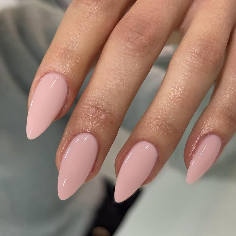 Chalk Baby Pink Press on Nails Medium Stiletto Almond,KQueenest Pure Color Acrylic Nails Kit Reusable Fake Nails with Feature Protective UV Coating for Women Nail Art Manicure in 24PCS