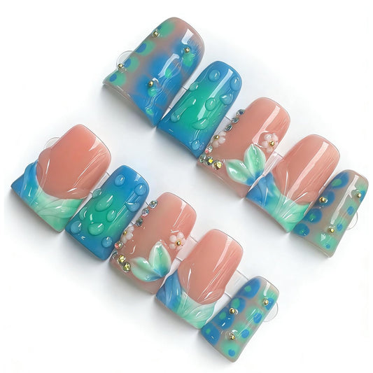 Handmade Duck Press on Nails Medium 3D Flower Rhinestone Designs False Nails with Glue,Droplet Shape Pattern Glossy Flash Gradient Full Cover for Women 10 Pcs Reusable Acrylic Stick on Nails (Size S）