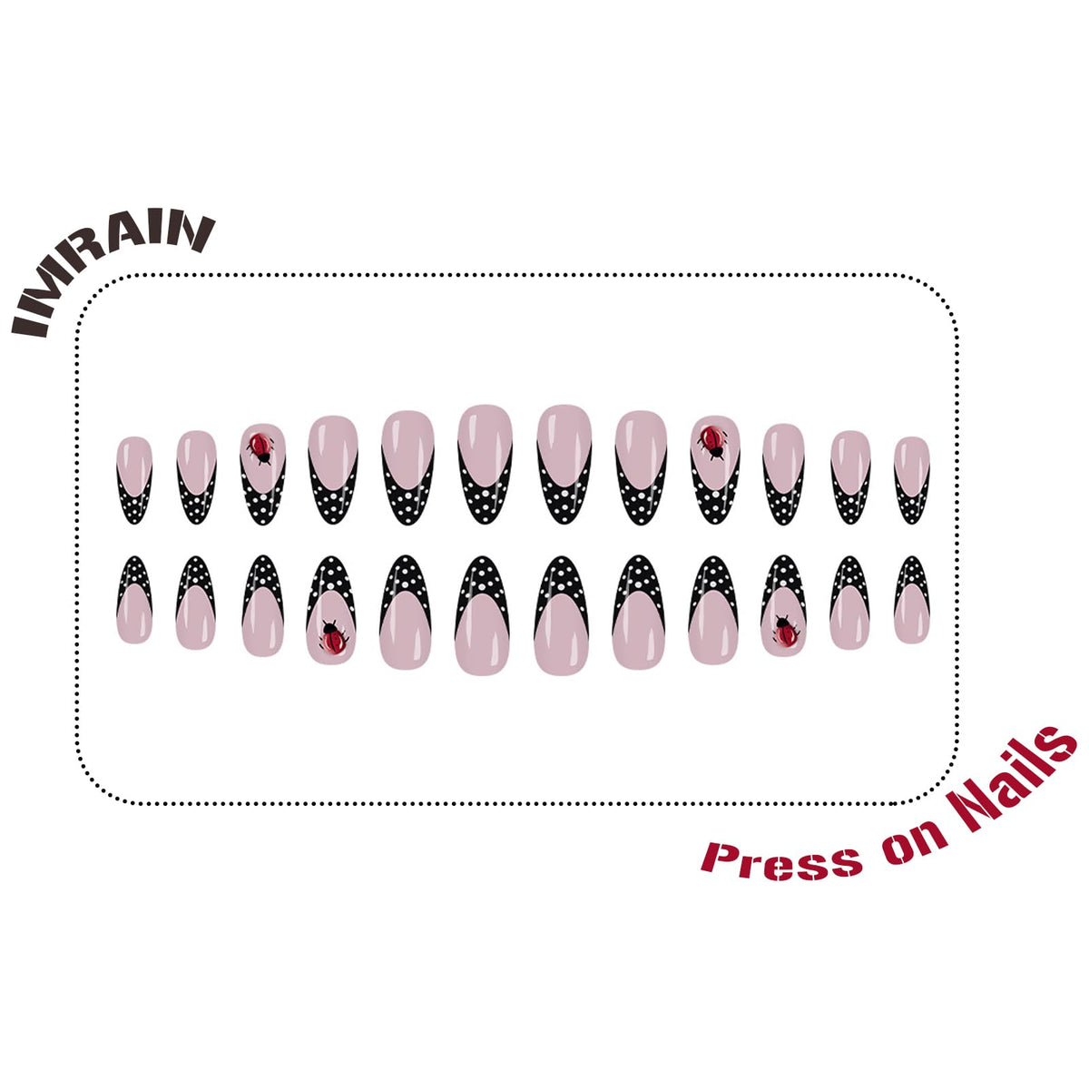 IMRAIN Press on Nails Almond - Medium Black French Tip Fake Nails with Polka Dot & Ladybug Designs, Glossy Full Cover False Nails, 24Pcs Nail Kit for Women Manicure