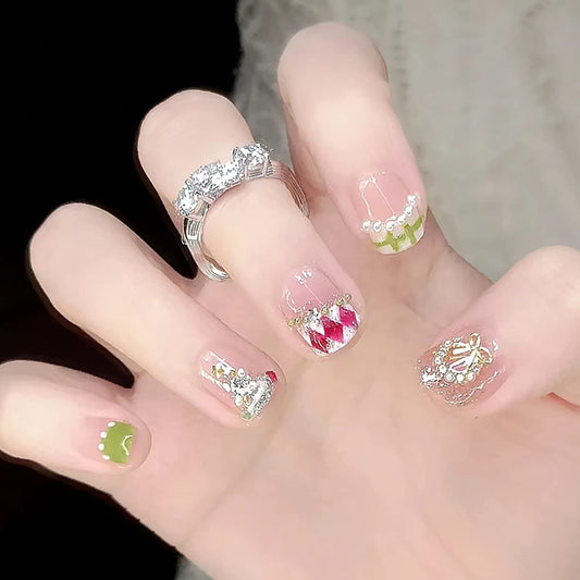 24Pcs Full Cover Reusable False Nails Kits, Press on Nail Short Square Length, Glue On Nails with Wreath Pearl Designs, Artificial Fingernails Acrylic Fake Nails for Women, Stick on Nails Coffin Shape