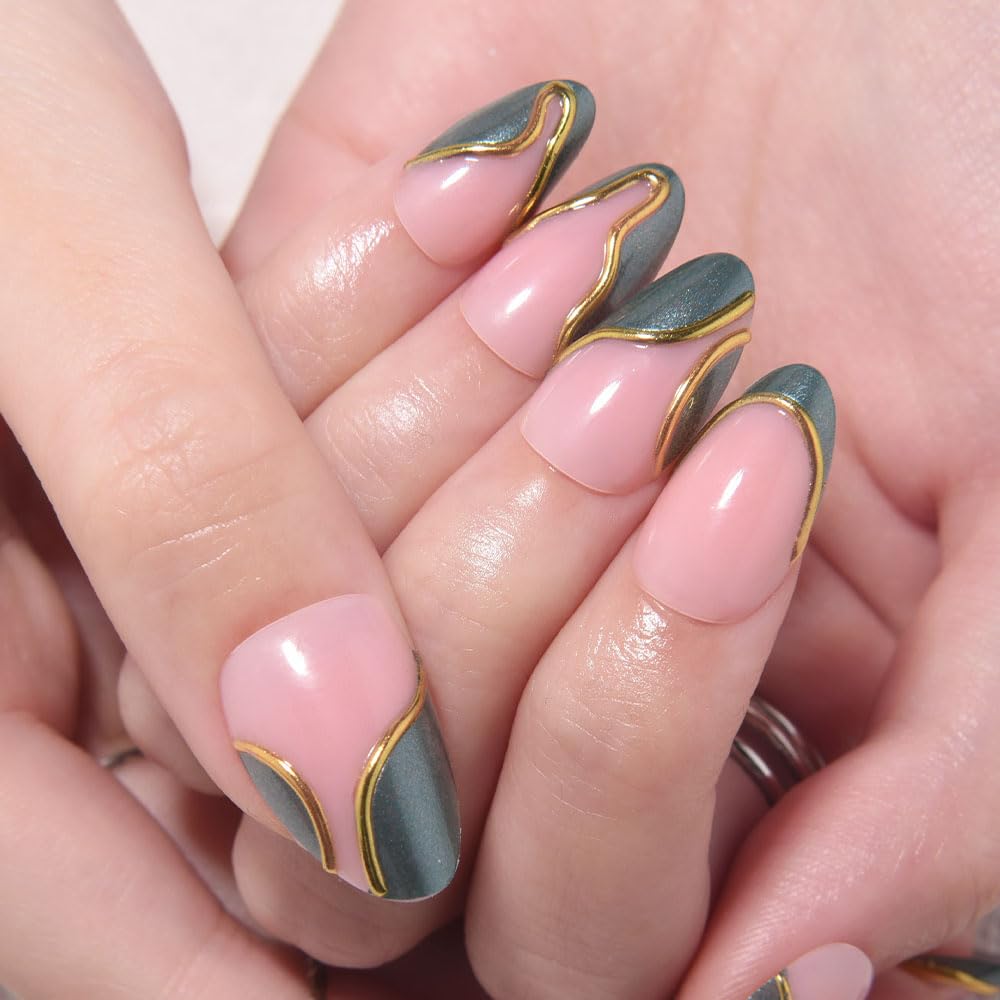 evpct French Tip Press On Nails Short Almond, Nude Pink + Gold Line & Dark Green Tips, Short Almond Fake False Press on Nails, Reusable Gel Stick on nail Press ons with Nail Kit, Salon Quality