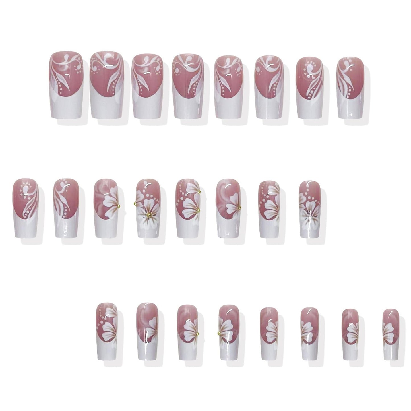 IMSOHOT Press on Nails Long Square Fake Nails White French Tip Glue on Nails with Flower Designs Full Cover Acrylic False Nails for Women Nail Decorations