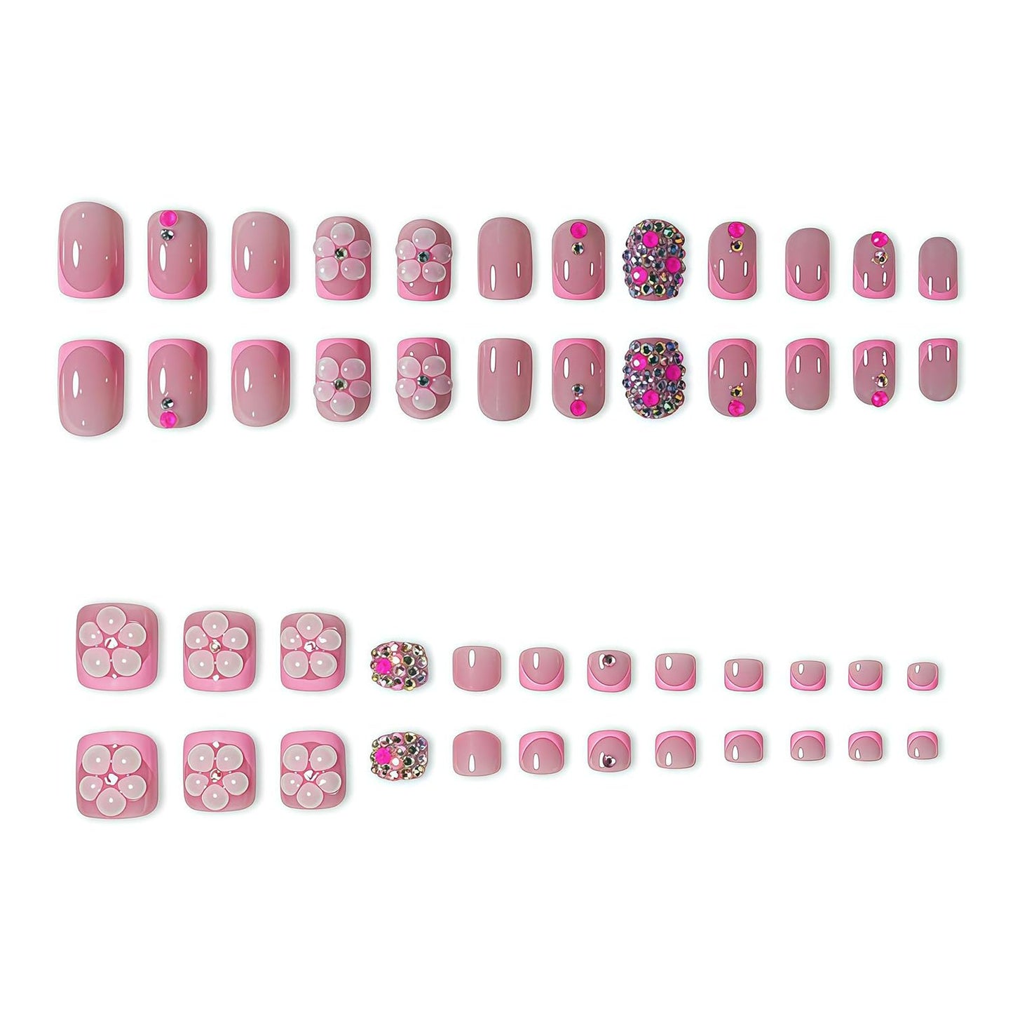 Pink French Tip Press On Nails Short Square & Press On Toenails Set With 3D Flower & Rhinestone Nails Press Ons Nude Pink Fake Nails Summer Acrylic Nails Full Cover Glue On Toenails For Women 48Pcs