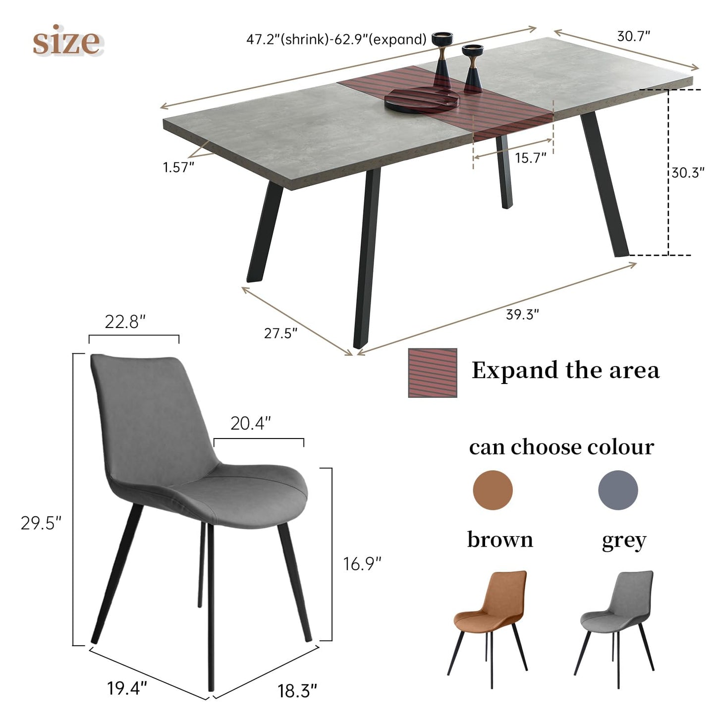 Zerifevni 47.2"- 62.9" Extendable Dining Table Set for 6, Modern Kitchen Table with 6 Dining Chairs for 4-6 Person, Thickened Expandable Wooden Table with Steel Legs for Dining Room, Kitchen