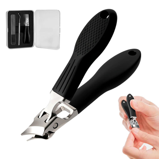 YAWOTA Wide Jaw Opening Anti-Splash Slanted Nail Clipper 3PCS Set with Case, Household Fingernail and Toenail Clippers Set for Ingrown Nails & Thick Nails (Black)
