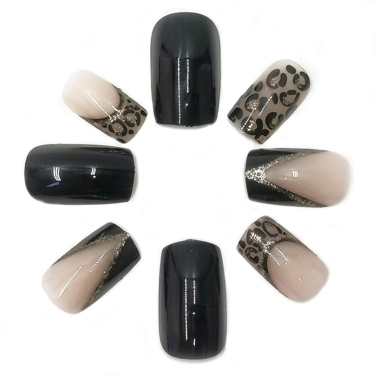 24 Pcs French Tip Press on Nails with Leopard Print Designs Medium Square Silver Glitter Fake Nail Glossy Black False Nails Full Cover Acrylic Stick on Nail for Women DIY Manicure