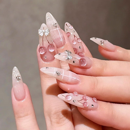 Mivota Press On Nails Almond Long, Pink Cherry 3D Rhinestone Design, Glossy Acrylic Fake Nails, Reusable Stick On Nails Set 24pcs, Cute Luxury Nail Art for Women, Party Wedding Manicure