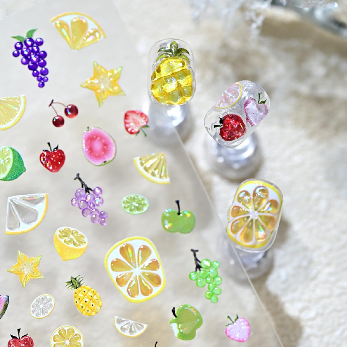 Summer Fruit Nail Stickers for Nail Art Iridescent Shimmer Nail Decals,Lemon Strawberry Grape Watermelon Stickers for Nails Designs 3D Self Adhesive Nail Supplies & Decorations for Women Girls 1 Sheet