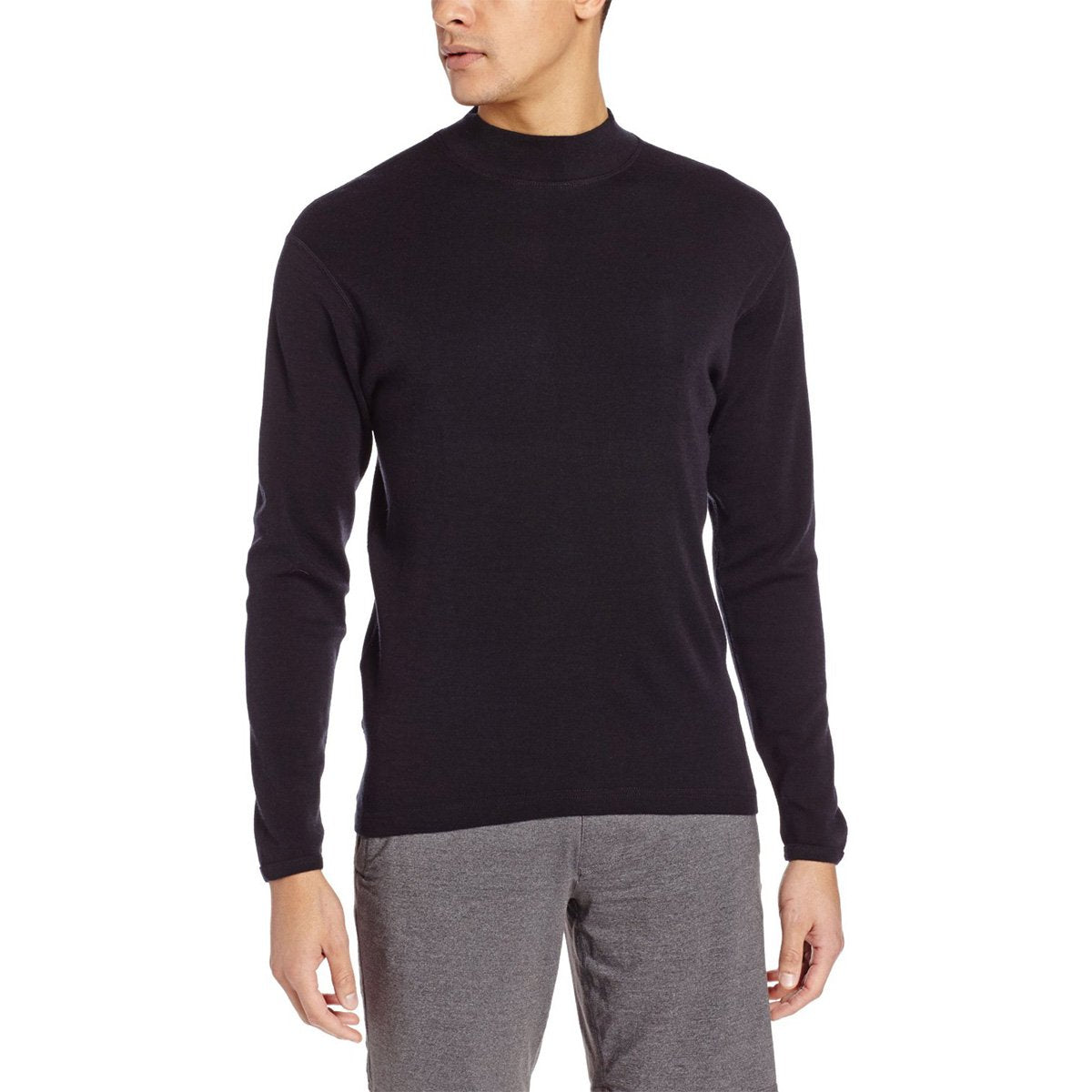 100% Merino Wool Men's Midweight Mock Neck - Base Layer Top - Warm Under Shirt - Black - Large