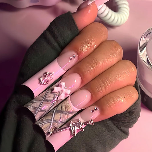 FIEONCIY Press on Nails Coffin Long Length Acrylic Glossy Full Cover Square Shaped French False Nails with Designs Artificial Extra Long Fake Nails with Charms Glue ons Fingernails for Women(AA106)