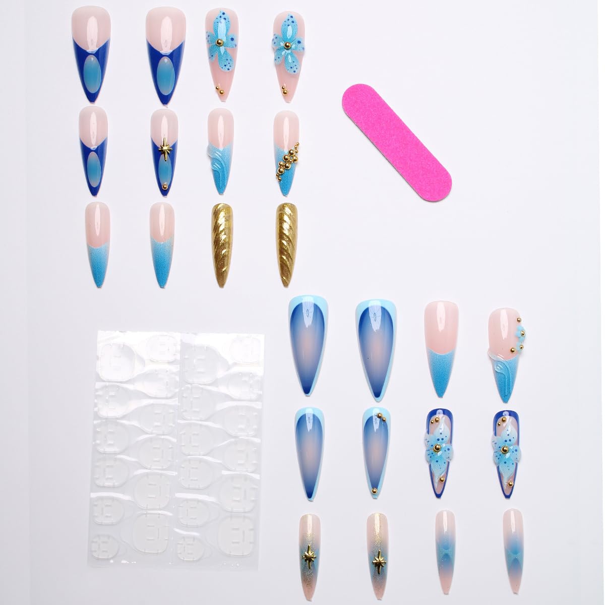 24Pcs Blue Flower Press on Nails Long Stiletto Fake Nails with Gold Rhinestones Design Almond Nails Press ons French Tip False Nails Full Cover Summer Glue on Nail Handmade Acrylic Nail for Women