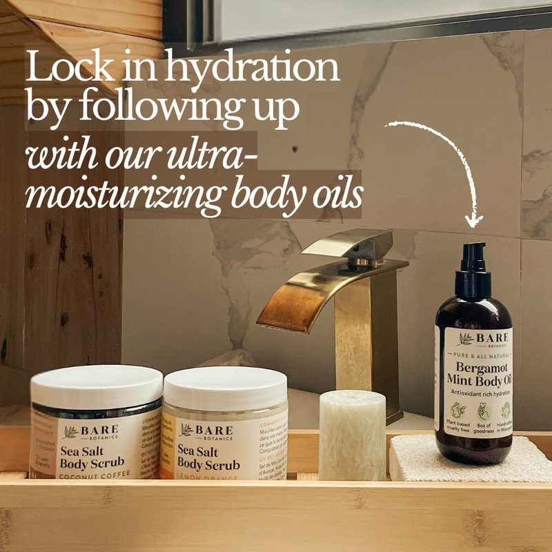 Bare Botanics 24oz Unscented Sea Salt Body Scrub | Non-toxic, Vegan & Cruelty-free | Made in Madison, WI | Full Body Exfoliator & Hydrating Moisturizer with a Cute Wooden Spoon