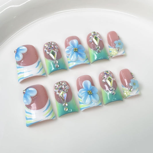 Luxury Press on Nails Short Duck Handmade 3D Unique Reusable ABS Material Fake Nails French Tip False Nails with Designs Floral Rhinestones Blue&Green Glossy Glue on Thick Acrylic Nails(M)