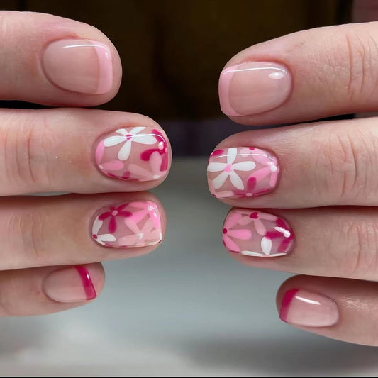 Pink French Tip Press on Nails Short Square Fake Nails with Glue Nude Acrylic Nails Stick on Nails Spring Flowers False Nails for Women and Girls Reusable Nails Kits 24pcs