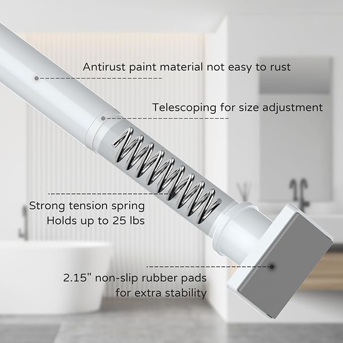 UIOSANRT White Shower Curtain Rod 31-68 Inches Non-Slip Shower Rod Tension Mounted No Drill Shower Curtain Rods Spring Tension Rod Adjustable Tension Curtain Rod for Windows Bathroom
