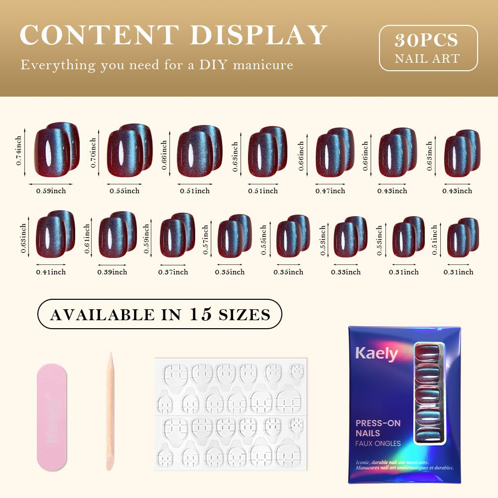evpct Mauve Teal Cat Eye Chrome Press on Nails Short Square No Glue, Holographic Short Square Stick on Nails for Women, Holographic Glossy Fake Nail Reusable, Soft Press on Acrylic Nail with Designs