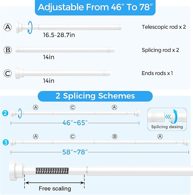Shower Curtain Rod 31-76 Inch,0.87"Diameter Adjustable Spring Tension Curtain Rods No Drill,Ivory White Tension Shower Rod for Bathroom,Room Divider,Window,Anti-Rust Non-Slip 1-Pack