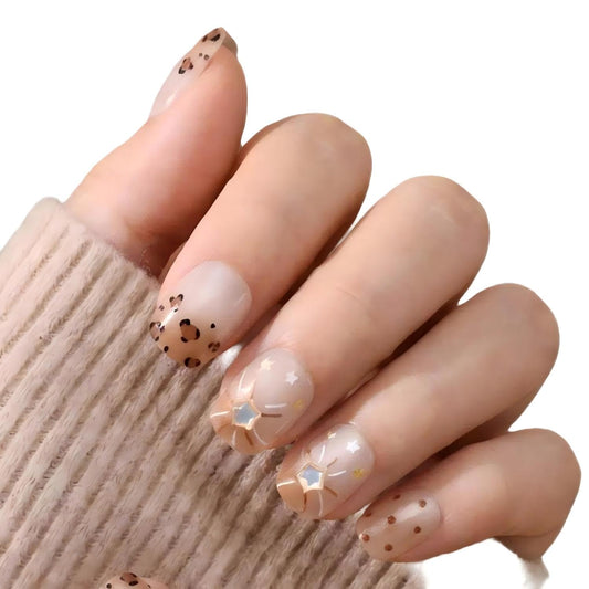 3D Nude Leopard Press On Nails, Short Oval Neutral Beige False Nails with Star Rhinestone Design, Glossy Textured On Nails for Women, Chic Everyday Manicure Set, 30PCS (The sizing runs small)