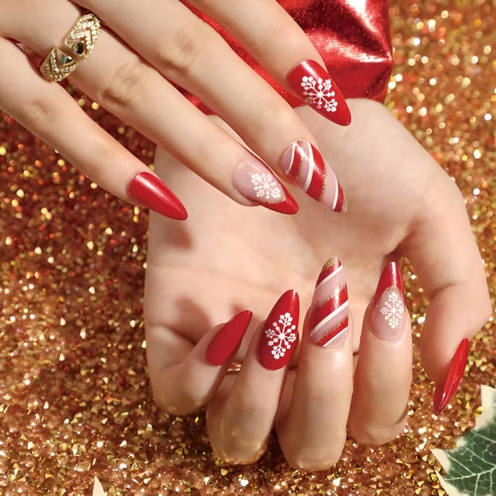 Red Christmas Press on Nails Medium French tips Fake Nails withGold Ribbon Pattern Design White Snowflake False Nails Acrylic Nails Red Full Cover Glue on Nail for Women and Girls
