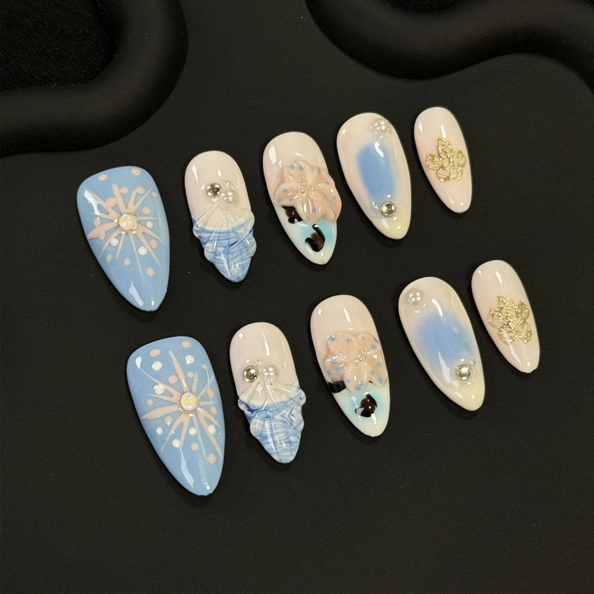 Handmade Press on Nails Medium Almond Fake Nails Press Ons Summer 3D Luxury Cute Flower Full Cover Stick on Nails Floral Glue on Nails for Women Girls Manicure (Blue Summer M)