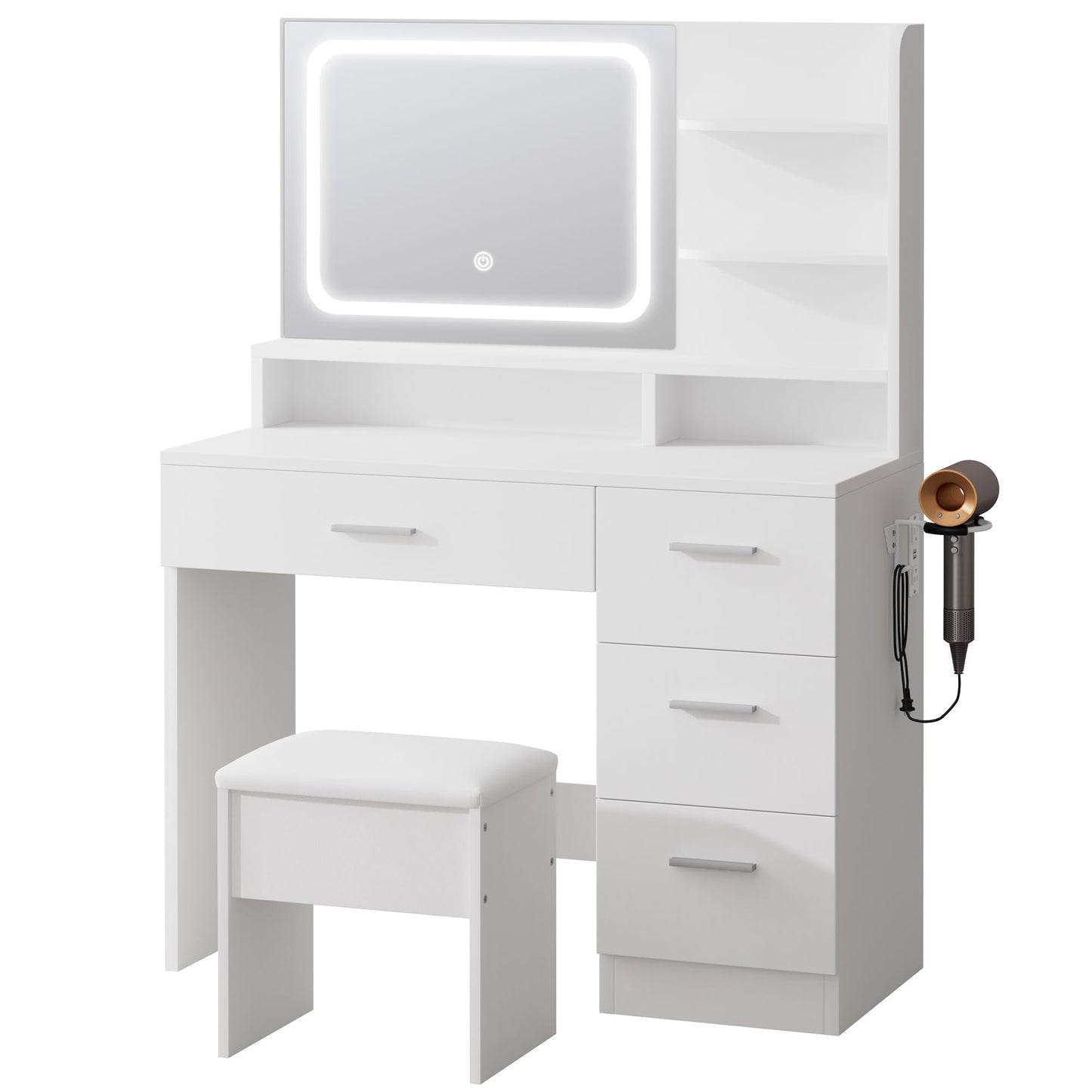 LIVELYGLOW Makeup Vanity Desk with Smart LED Mirror & Charging Station, 35.4" White Vanity Table Set with Cushioned Stool, 4 Drawers & Hairdryer Rack, Modern Bedroom Dressing Table-White