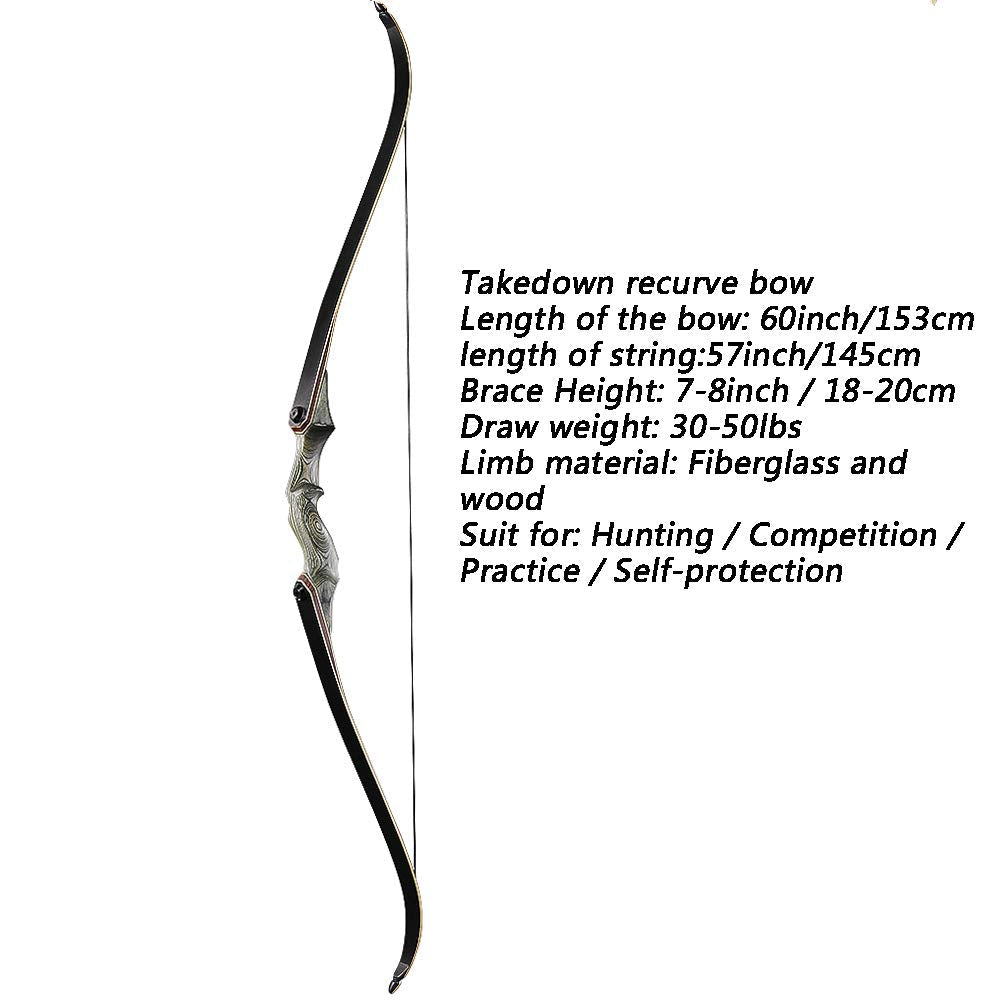 TOPARCHERY 60'' Archery Recurve Bow Takedown Bow Hunting Bow and Arrow Set Adult Target Practice Competition Survival Longbow Right Hand 30-50lbs with 6pcs Fiberglass Arrows (50lbs)