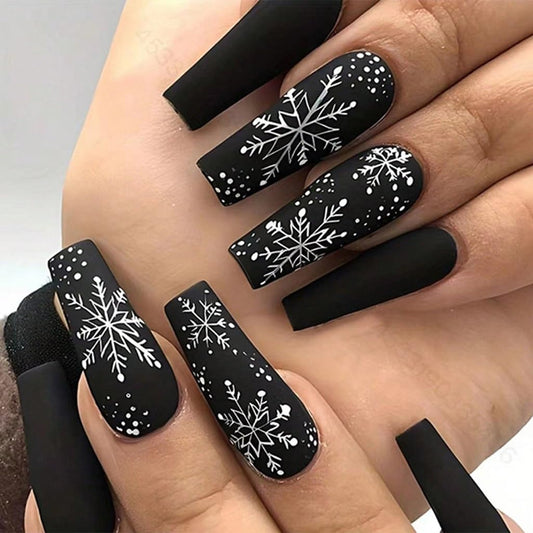 Christmas Press on Nails Long - Coffin Fake Nails with Snowflake Stripes Design - Black Full Cover Stick on False Nails -for Women 24 Pcs