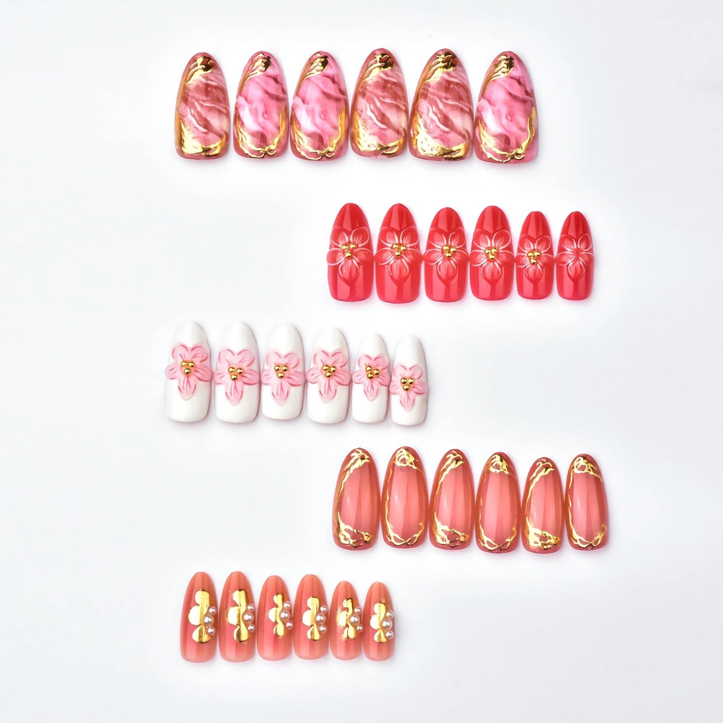 BABALAL Press On Nails, Medium Almond Fake Nails, Hot Pink Ombre With 3D Floral & Gold Chrome, Glitter Bling Glossy Full Cover Glue On Nails For Women And Girls 24Pcs