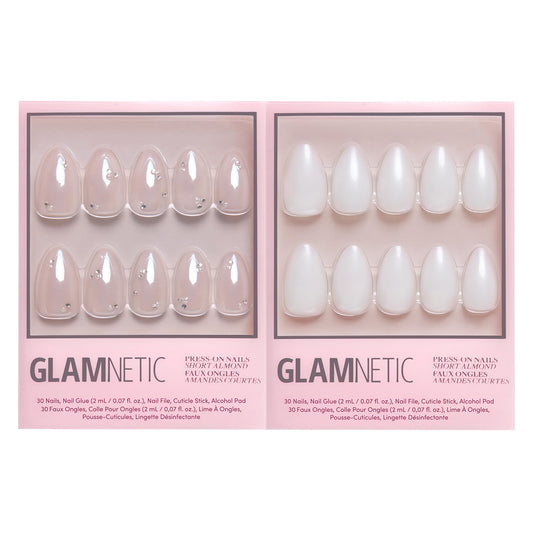 Glamnetic Press-On Nails Bundle - First Dance & Hailey | Short Almond Fake Nails with 3D Gemstones | Glazed Short Almond False Nails | Reusable, Salon-Quality Nail Kits