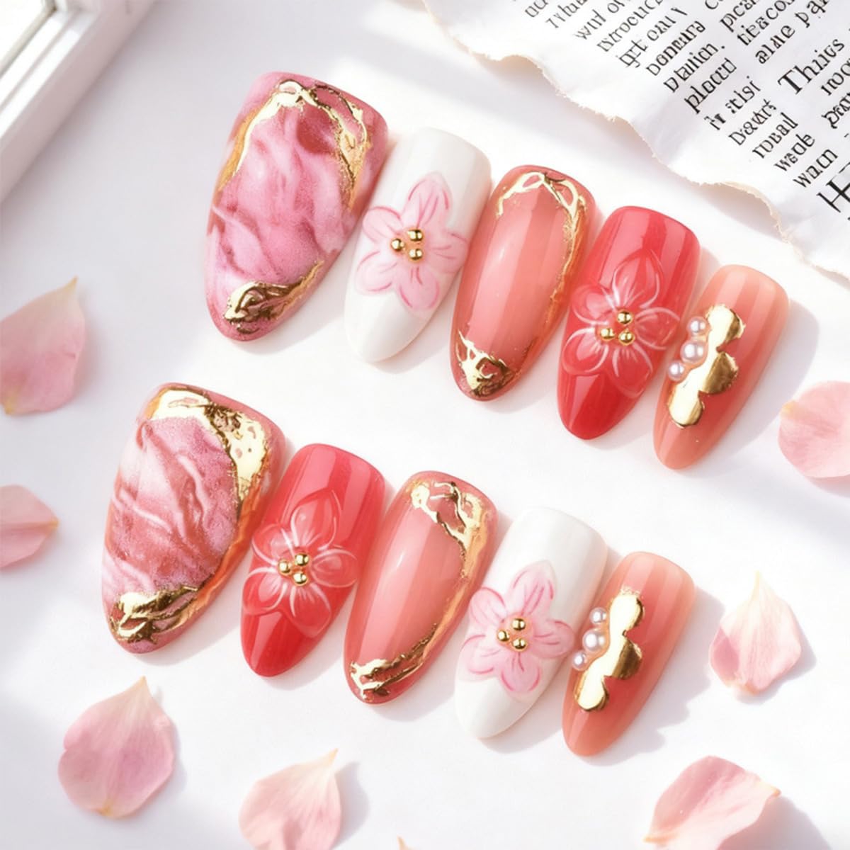 Mkwntg 30Pcs Pink Flower Press On Nails Medium Almond Fake Nails with 3D Gold Bead Pearl Ice Blooming Design Gold Line Summer Floral Ombre False Nails Cute Spring Full Cover Glue on Nails for Women