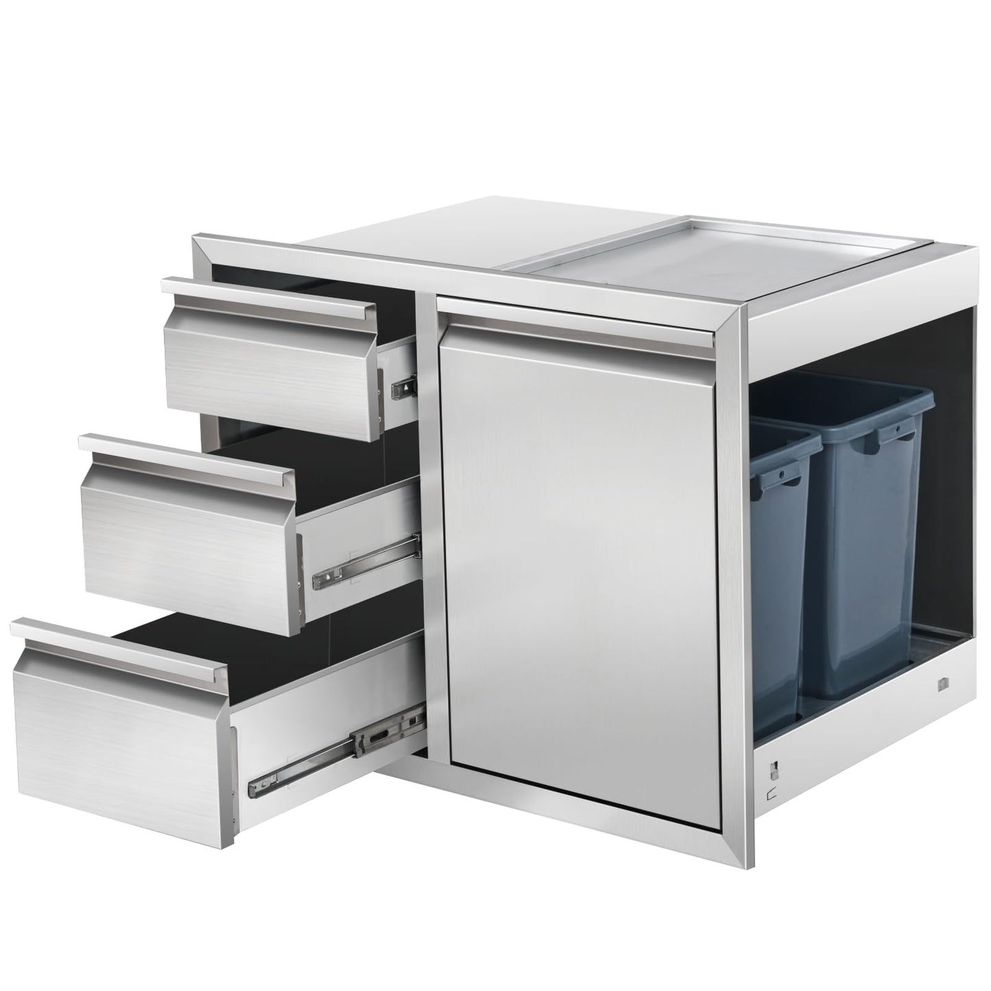 Tactralis Outdoor Kitchen Drawer Combo Cabinet Stainless Steel Triple Drawers & Trash Drawer with 2 Trash Cans, 28" W x 22" H x 19.5" D Outdoor Kitchen Cabinets for BBQ Grill Station