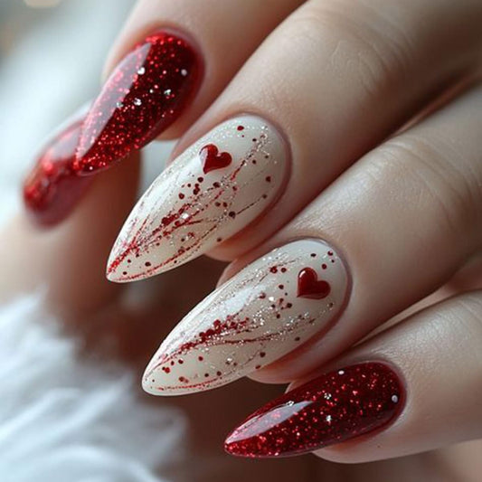 Valentine’s Day Press on Nails Red Medium Almond Fake Nails with Gradient Designs Heart Stripe False Nails Valentine Glue on Nail Artificial Full Cover Stick on Nail for Women 24Pcs Manicure Kit