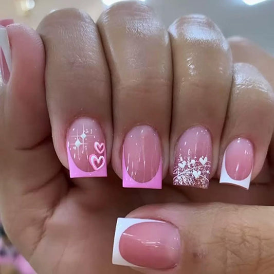 CTTHNBD Press on Nails Short Square Acrylic False Nails French Tip Heart Design Glitter Glossy Full Cover Stick on Nails 24Pcs