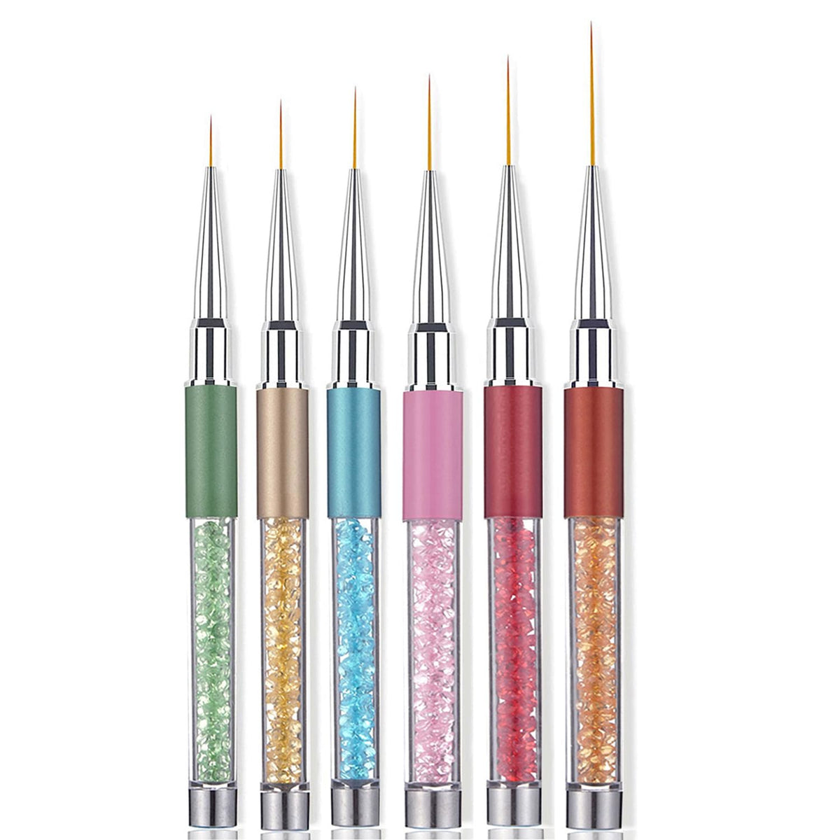 6Pcs Rhinestone Handle Ultra-Fine Nail Liner Brush Set - Professional Striping Brushes for Intricate Nail Art, Multi-Color Crystal Handle Gel Polish Liner Brushes for Salon & DIY Manicure Detailing